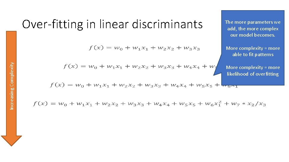 Over-fitting in linear discriminants Increasing Complexity • The more parameters we add, the more Over-fitting in linear discriminants Increasing Complexity • The more parameters we add, the more