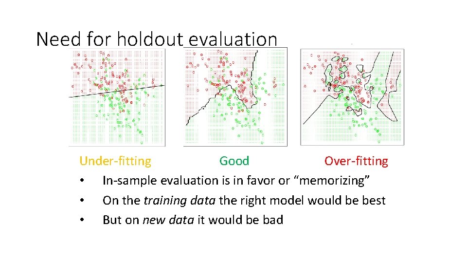 Need for holdout evaluation Under-fitting Good Over-fitting • In-sample evaluation is in favor or Need for holdout evaluation Under-fitting Good Over-fitting • In-sample evaluation is in favor or