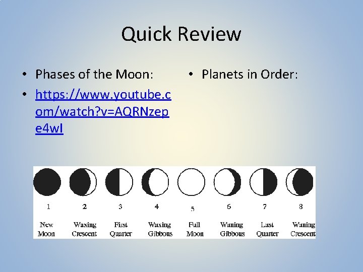 Quick Review • Phases of the Moon: • https: //www. youtube. c om/watch? v=AQRNzep