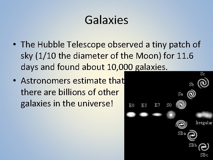Galaxies • The Hubble Telescope observed a tiny patch of sky (1/10 the diameter