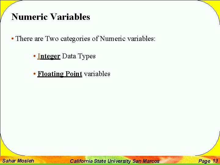 Numeric Variables • There are Two categories of Numeric variables: • Integer Data Types