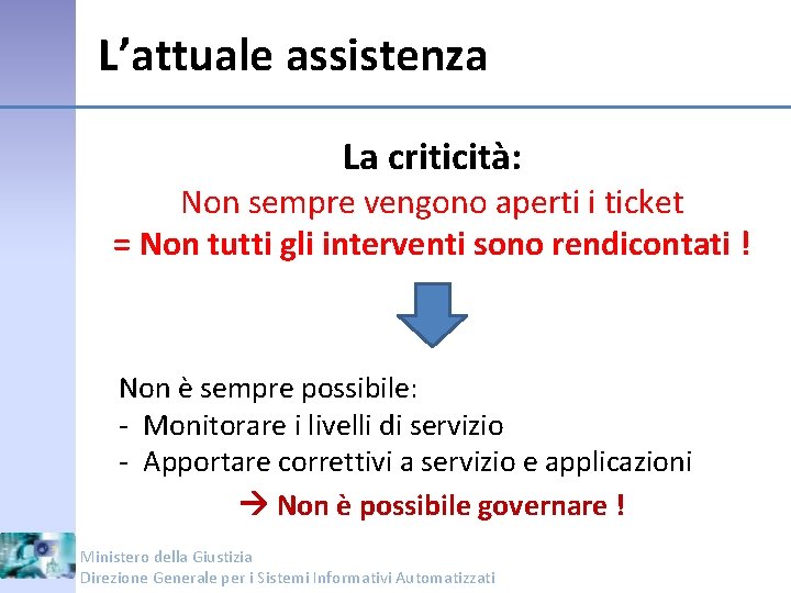 L’attuale assistenza La criticità: Non sempre vengono aperti i ticket = Non tutti gli