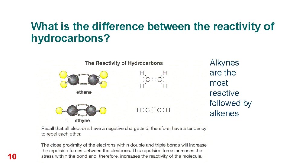 What is the difference between the reactivity of hydrocarbons? l 10 Alkynes are the