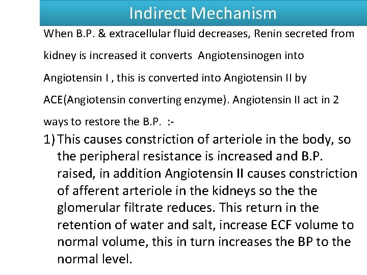 Indirect Mechanism When B. P. & extracellular fluid decreases, Renin secreted from kidney is