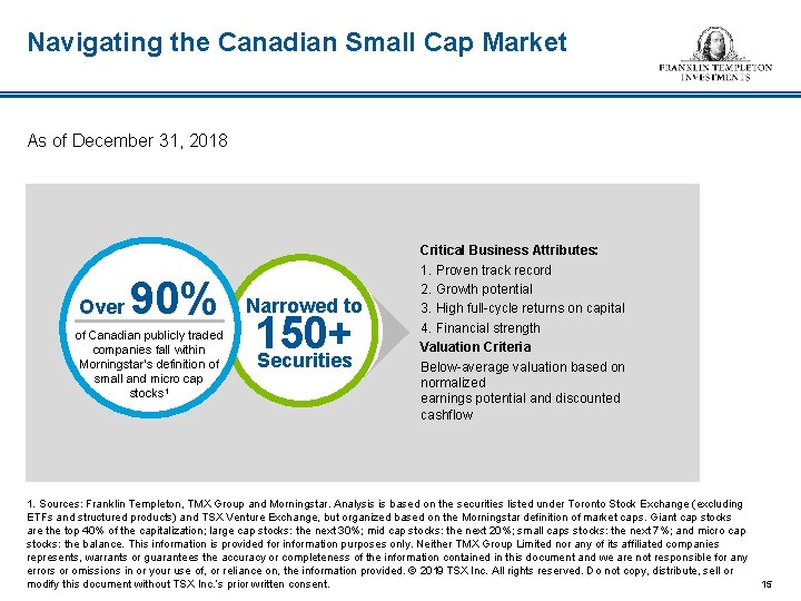 Navigating the Canadian Small Cap Market As of December 31, 2018 Over 90% of