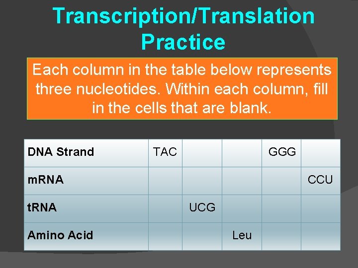 Transcription/Translation Practice Each column in the table below represents three nucleotides. Within each column,