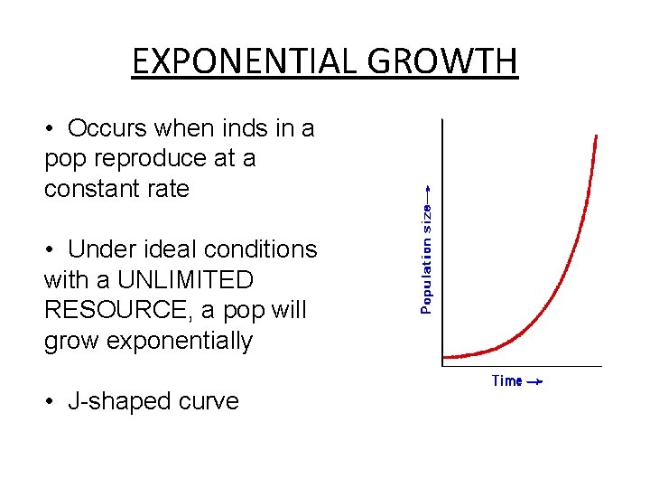 EXPONENTIAL GROWTH • Occurs when inds in a pop reproduce at a constant rate