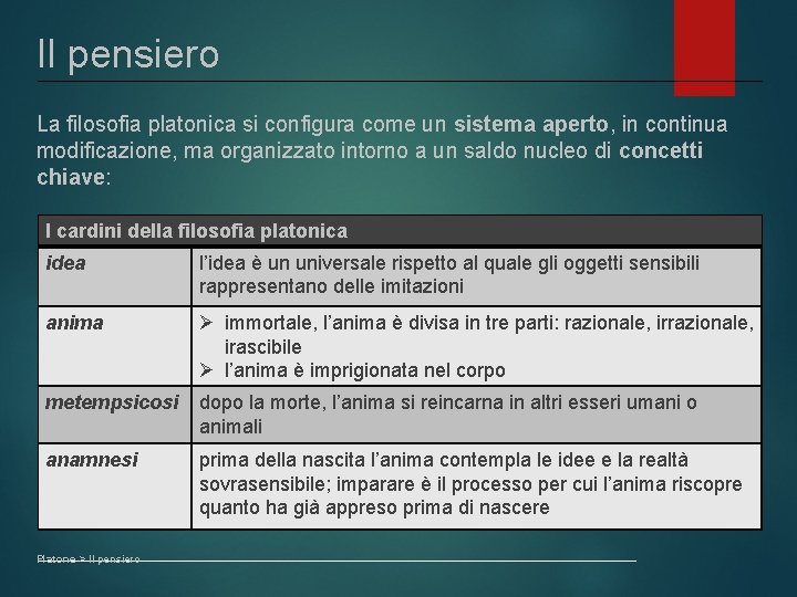 Il pensiero La filosofia platonica si configura come un sistema aperto, in continua modificazione,