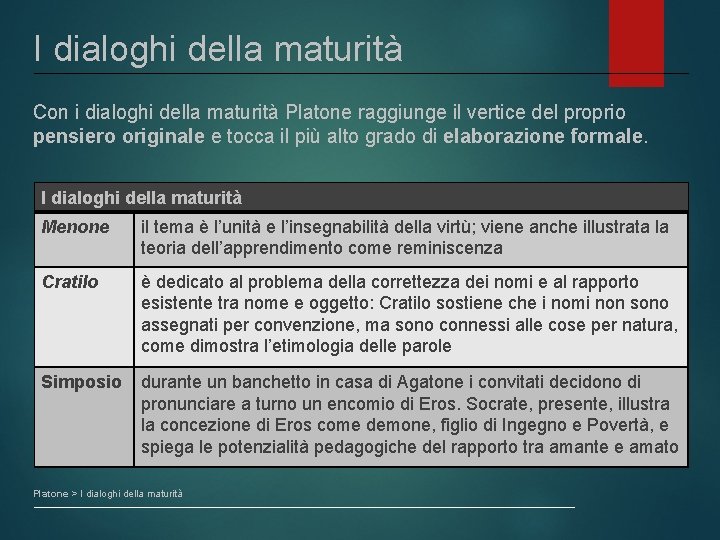 I dialoghi della maturità Con i dialoghi della maturità Platone raggiunge il vertice del