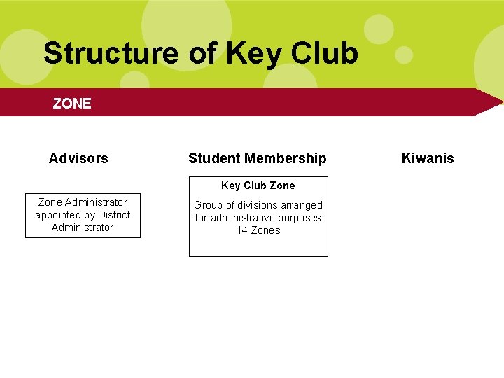 Structure of Key Club ZONE Advisors Student Membership Key Club Zone Administrator appointed by