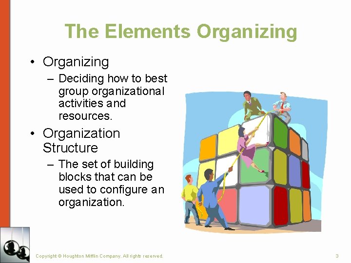 The Elements Organizing • Organizing – Deciding how to best group organizational activities and