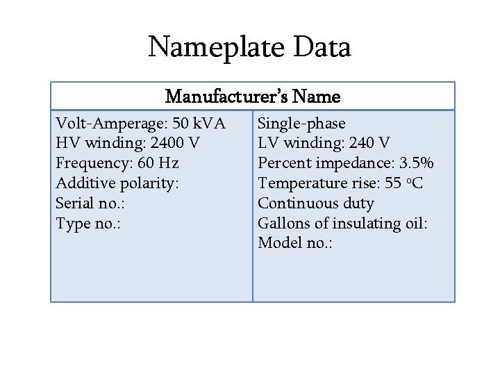 Nameplate Data Manufacturer’s Name Volt-Amperage: 50 k. VA HV winding: 2400 V Frequency: 60