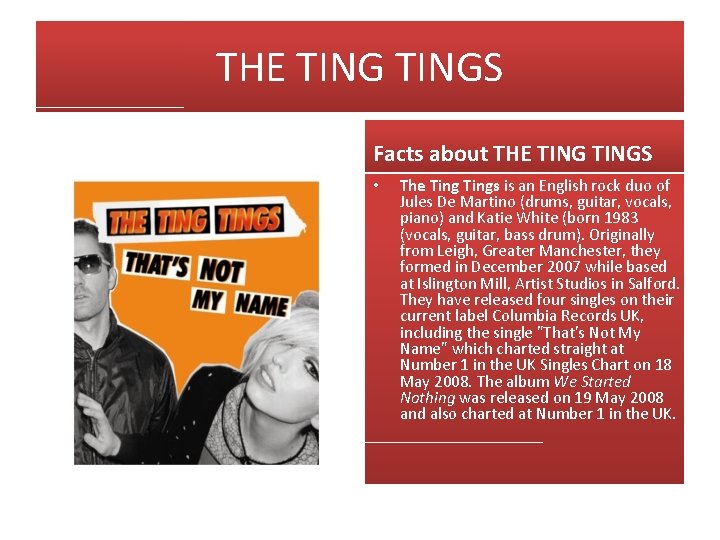 THE TINGS Facts about THE TINGS • The Tings is an English rock duo
