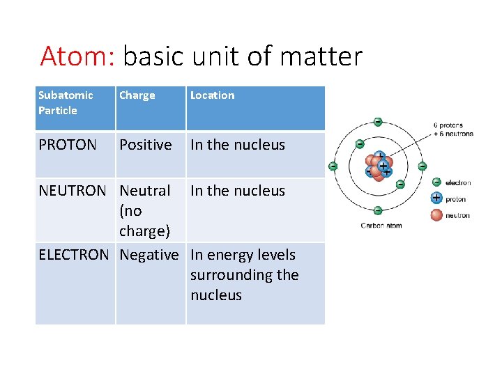 Atom: basic unit of matter Subatomic Particle Charge Location PROTON Positive In the nucleus