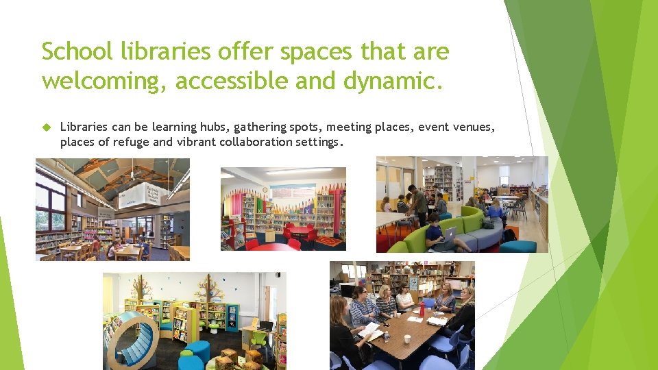School libraries offer spaces that are welcoming, accessible and dynamic. Libraries can be learning