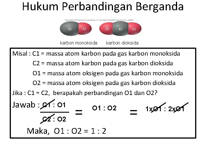 Hukum Perbandingan Berganda karbon monoksida karbon dioksida Misal : C 1 = massa atom