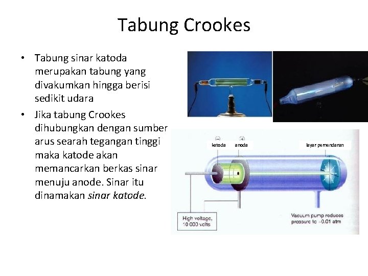Tabung Crookes • Tabung sinar katoda merupakan tabung yang divakumkan hingga berisi sedikit udara
