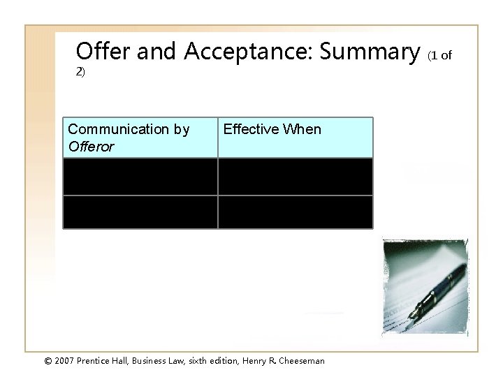 Offer and Acceptance: Summary (1 of 2) Communication by Offeror Effective When Offer Received