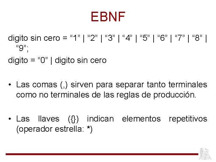 EBNF digito sin cero = “ 1” | “ 2” | “ 3” |