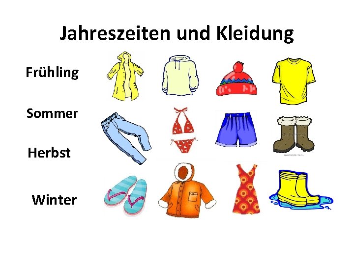 Jahreszeiten und Kleidung Frühling Sommer Herbst Winter 