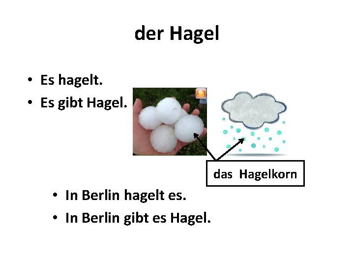 der Hagel • Es hagelt. • Es gibt Hagel. das Hagelkorn • In Berlin