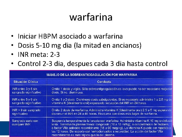 warfarina • • Iniciar HBPM asociado a warfarina Dosis 5 -10 mg dia (la