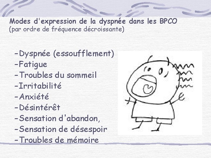Modes d'expression de la dyspnée dans les BPCO (par ordre de fréquence décroissante) –