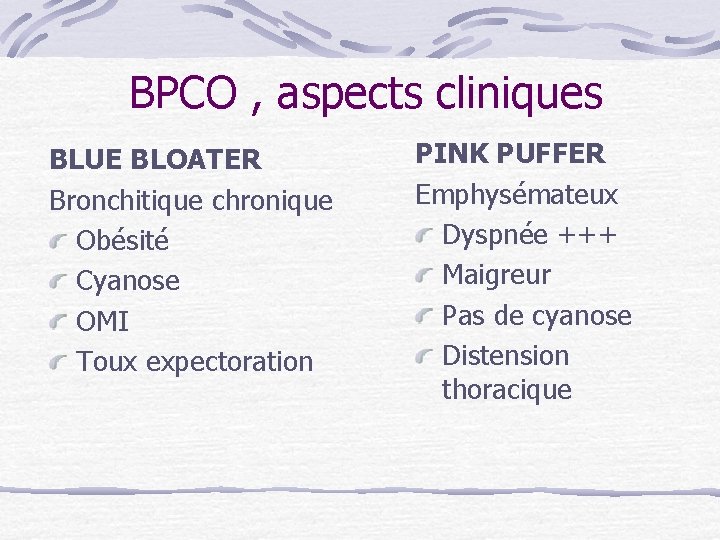BPCO , aspects cliniques BLUE BLOATER Bronchitique chronique Obésité Cyanose OMI Toux expectoration PINK