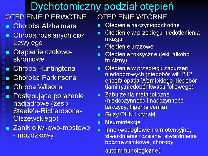 Dychotomiczny podział otępień OTĘPIENIE PIERWOTNE OTEPIENIE WTÓRNE n Otępienie naczyniopochodne n Choroba Alzheimera n