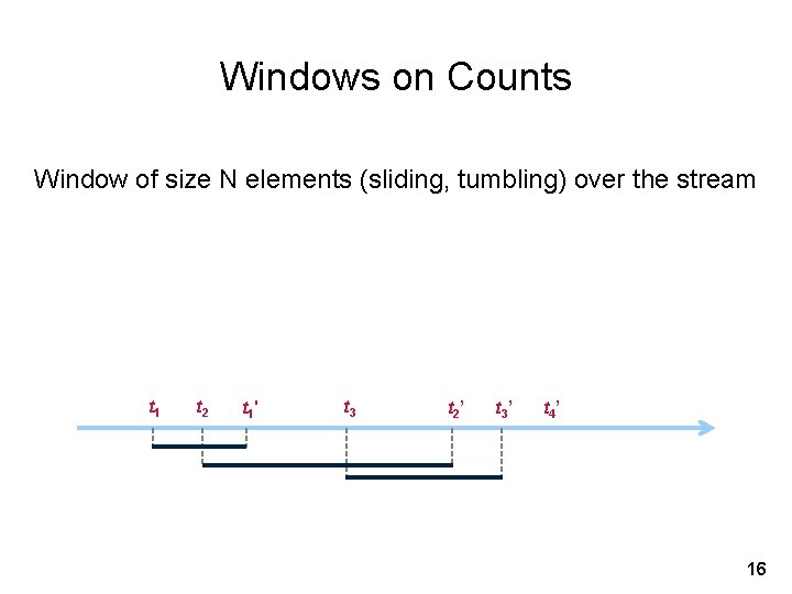 Windows on Counts Window of size N elements (sliding, tumbling) over the stream t