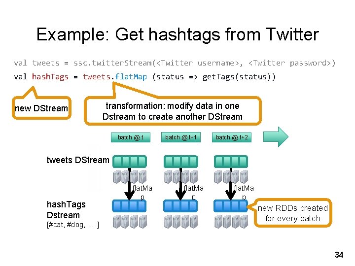 Example: Get hashtags from Twitter val tweets = ssc. twitter. Stream(<Twitter username>, <Twitter password>)