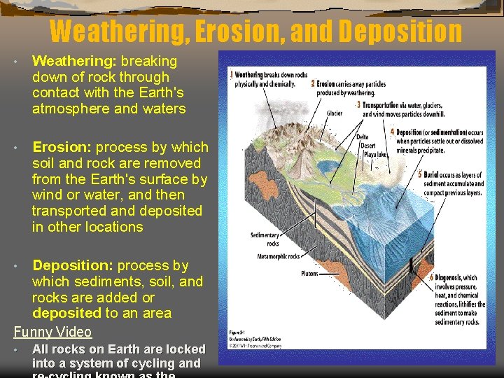Weathering, Erosion, and Deposition • Weathering: breaking down of rock through contact with the