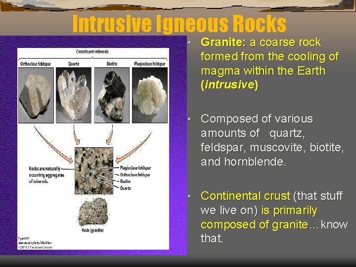 Intrusive Igneous Rocks • Granite: a coarse rock formed from the cooling of magma