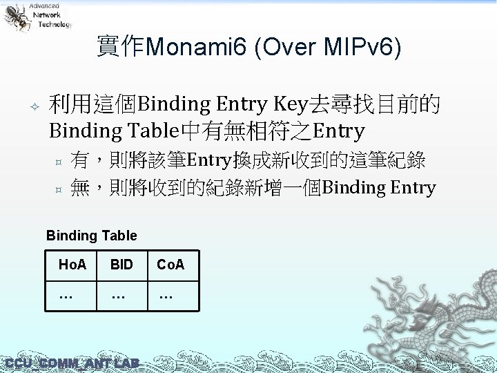 實作Monami 6 (Over MIPv 6) 利用這個Binding Entry Key去尋找目前的 Binding Table中有無相符之Entry ³ ³ 有，則將該筆Entry換成新收到的這筆紀錄 無，則將收到的紀錄新增一個Binding