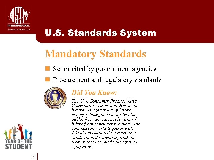 U. S. Standards System Mandatory Standards n Set or cited by government agencies n