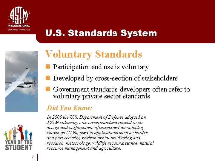 U. S. Standards System Voluntary Standards n Participation and use is voluntary n Developed