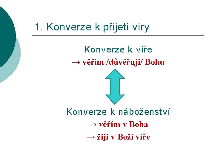 1. Konverze k přijetí víry Konverze k víře → věřím /důvěřuji/ Bohu Konverze k