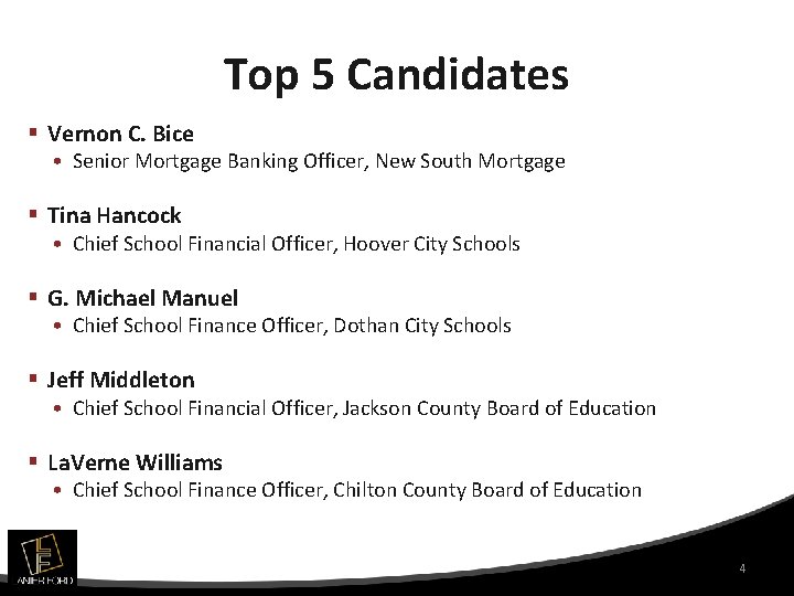 Top 5 Candidates § Vernon C. Bice • Senior Mortgage Banking Officer, New South