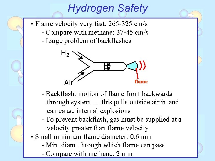 Hydrogen Safety • Flame velocity very fast: 265 -325 cm/s - Compare with methane: