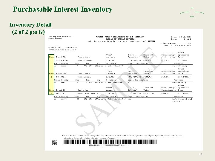 Purchasable Interest Inventory Detail (2 of 2 parts) 13 