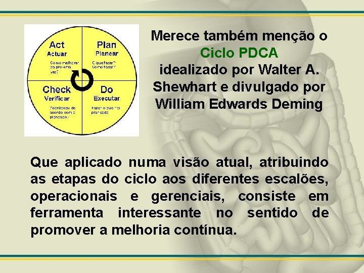 Merece também menção o Ciclo PDCA idealizado por Walter A. Shewhart e divulgado por