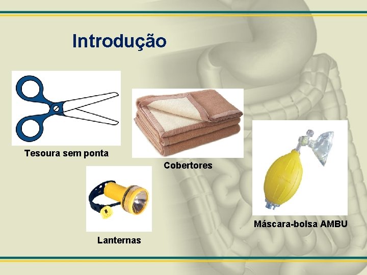 Introdução Tesoura sem ponta Cobertores Máscara-bolsa AMBU Lanternas 