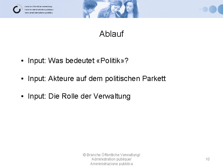 Ablauf • Input: Was bedeutet «Politik» ? • Input: Akteure auf dem politischen Parkett