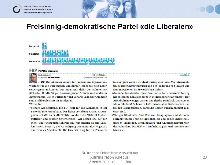 Freisinnig-demokratische Partei «die Liberalen» © Branche Öffentliche Verwaltung/ Administration publique/ Amministrazione pubblica 23 