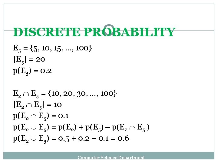DISCRETE PROBABILITY E 5 = {5, 10, 15, …, 100} |E 5| = 20