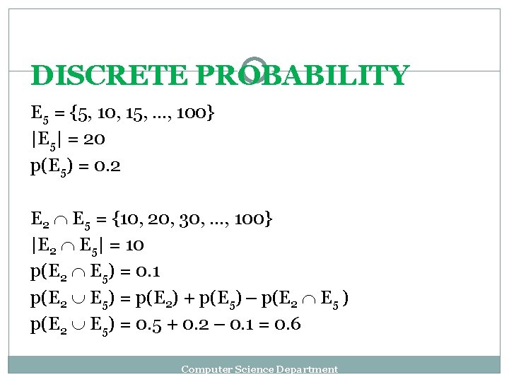 DISCRETE PROBABILITY E 5 = {5, 10, 15, …, 100} |E 5| = 20 DISCRETE PROBABILITY E 5 = {5, 10, 15, …, 100} |E 5| = 20