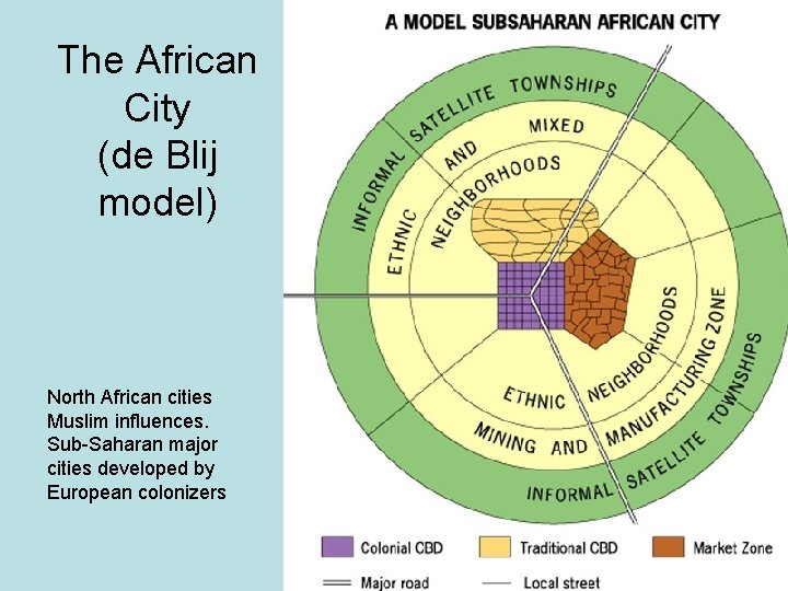 The African City (de Blij model) North African cities Muslim influences. Sub-Saharan major cities