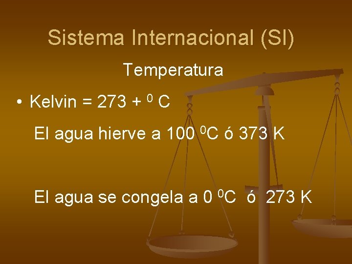 Sistema Internacional (SI) Temperatura • Kelvin = 273 + 0 C El agua hierve