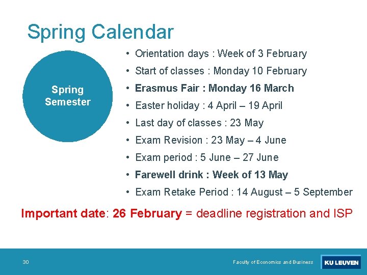 Spring Calendar • Orientation days : Week of 3 February • Start of classes