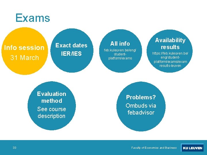 Exams Info session 31 March Exact dates IER/IES Evaluation method See course description 33